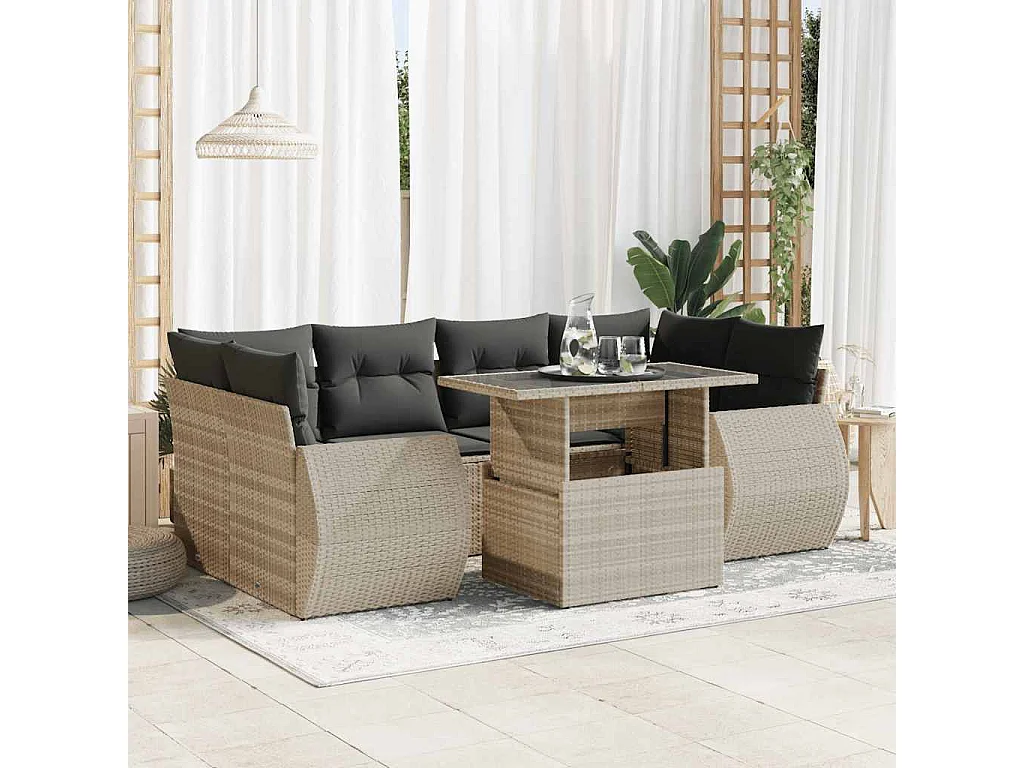 7-delige Loungeset met kussens poly rattan lichtgrijs