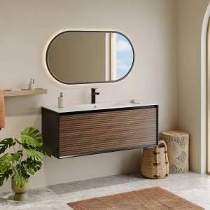 Hangend gestreept wastafelmeubel – Kleur donker natuurlijk en zwart – 120 cm – BANIVA