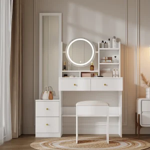 4-in-1 kaptafelset – 109 x 36 x 164 cm – met passpiegel + tafelspiegel + kruk + led-verlichting + 4 lades – spaanplaat – wit 4-in-1 kaptafelset – 109 x 36 x 164 cm – met passpiegel + tafelspiegel + kruk + led-verlichting + 4 lades – spaanplaat – wit