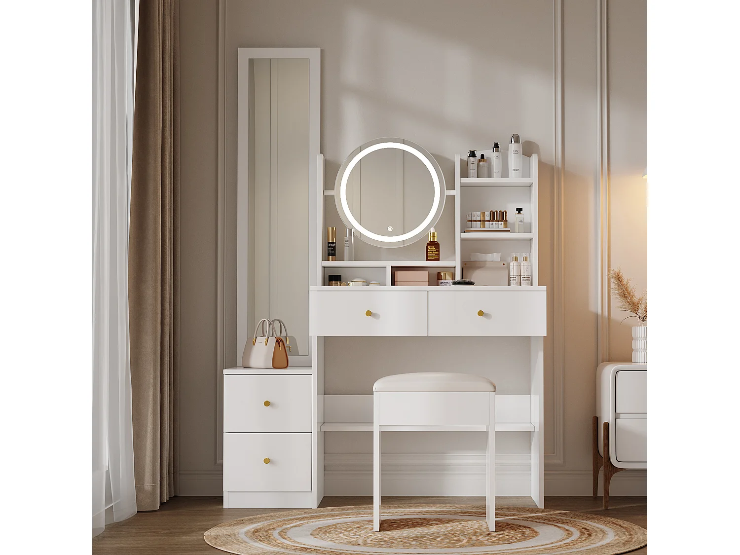 4-in-1 kaptafelset - 109 x 36 x 164 cm - met passpiegel + tafelspiegel + kruk + led-verlichting + 4 lades - spaanplaat - wit