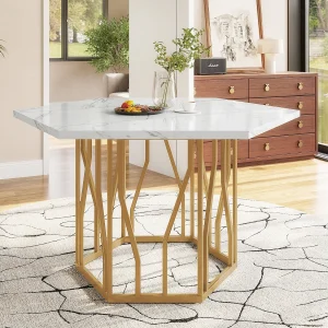 4-persoons hexagonale eettafel, wit marmeren fineerblad met gouden metalen poten – 115,5x100x75cm 4-persoons hexagonale eettafel, wit marmeren fineerblad met gouden metalen poten – 115,5x100x75cm
