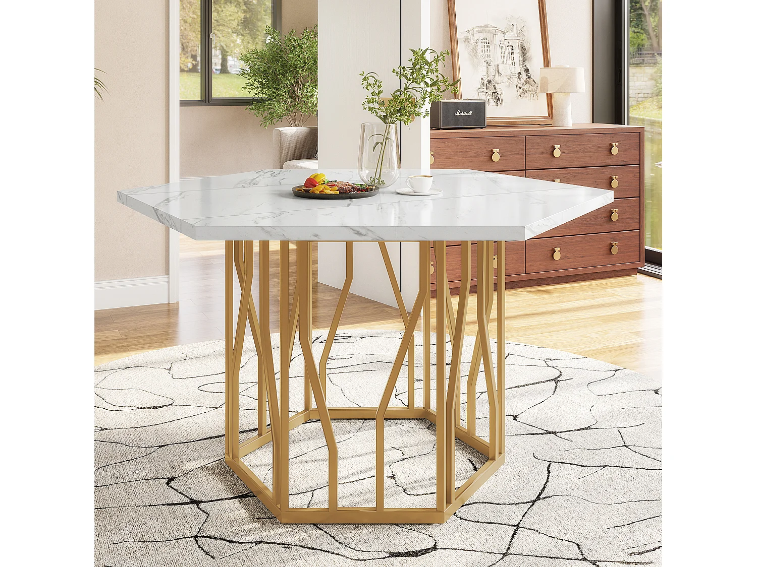 4-persoons hexagonale eettafel, wit marmeren fineerblad met gouden metalen poten - 115,5x100x75cm