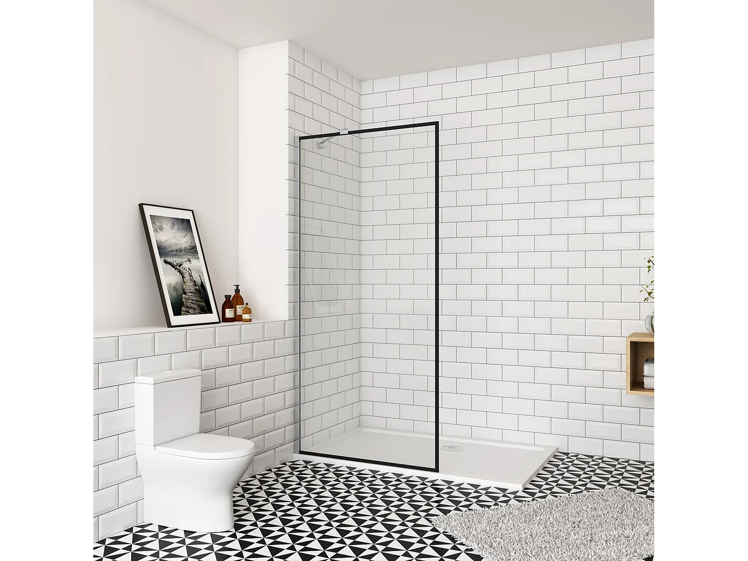 80x195cm inloopdouche-douchecabine,8mm mat zwart kader en raste gehard glas,makkelijk schoon te maken,antikalk,stabilisatiestang 45cm,glanzend chroom profiel