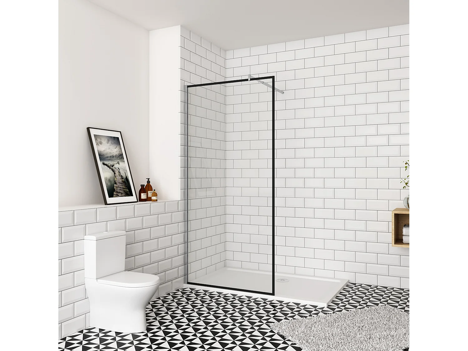 120x195cm inloopdouche-douchecabine,8mm mat zwart kader en raste gehard glas,makkelijk schoon te maken,antikalk,stabilisatiestang 70-120cm (verstelbaar),chroom