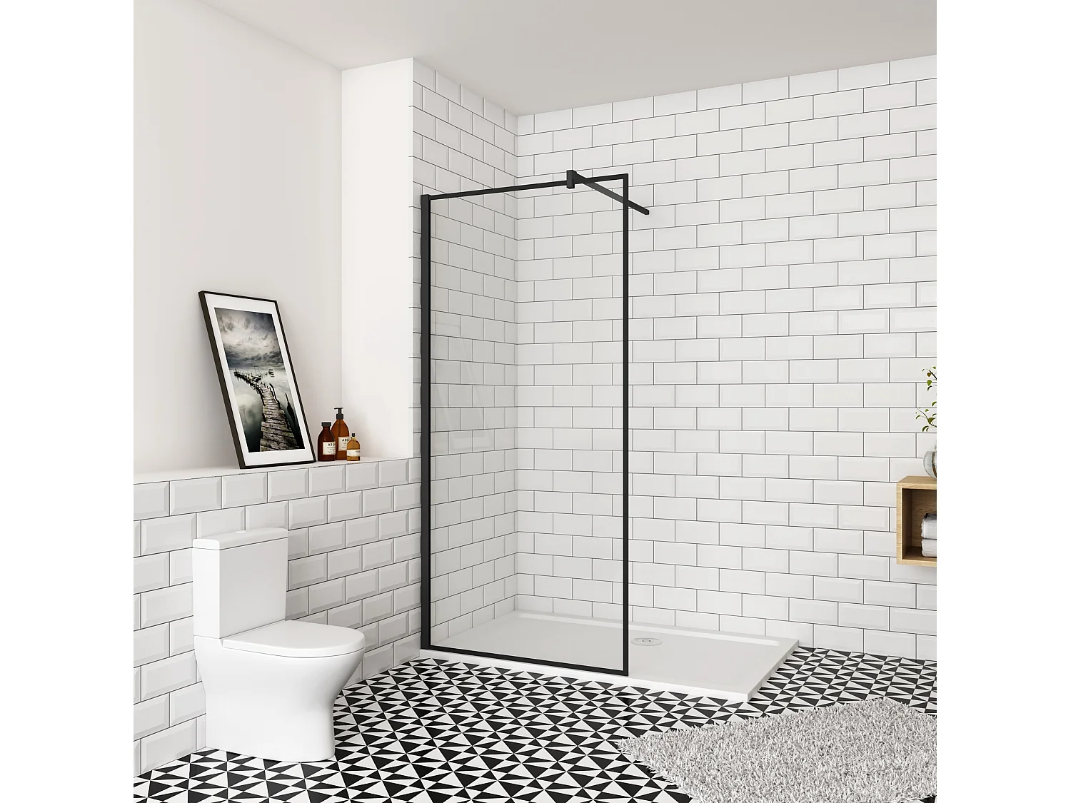 100x195cm inloopdouche-douchecabine,8mm mat zwart kader en raste gehard glas,eenvoudig te reinigen,antikalk,stabilisatiestang 90cm (snijdbaar),mat zwart profiel.