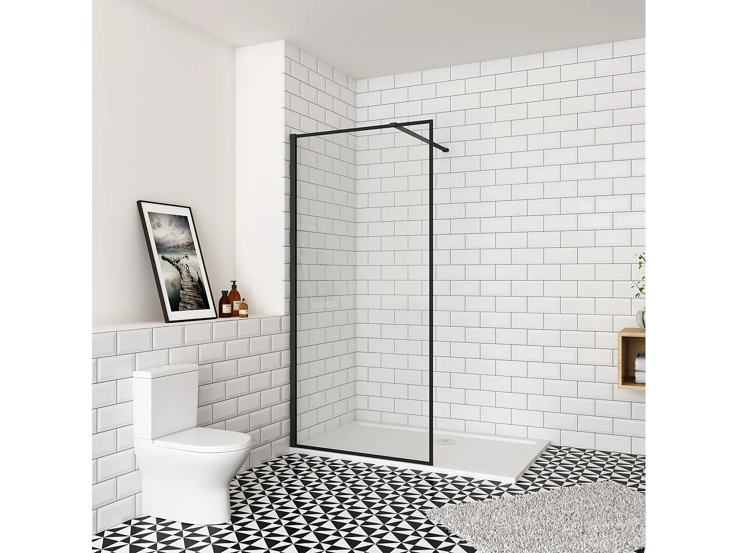 120x195cm inloopdouche-douchecabine,8mm zwart raster gezeefdrukt glas,makkelijk schoon te maken,antikalk,stabilisatiestang 140cm (kan worden gesneden),mat zwart