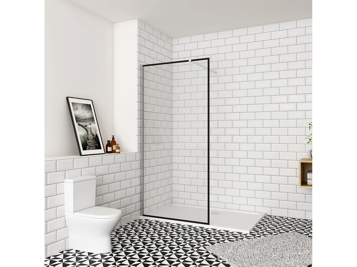 100x195cm inloopdouche-douchecabine,8mm mat zwart kader en raste gehard glas,makkelijk schoon te maken,antikalk,stabilisatiestang 73-120cm (verstelbaar),chroom