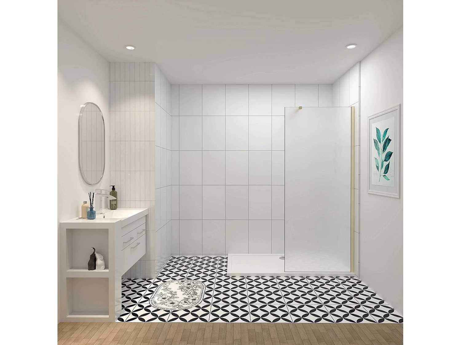 100x195cm Douchewand inloopdouche,10mm dik mat gehard glas met explosieveilige folie,stabilisatiestang 73-120cm (verstelbaar),gouden profiel.