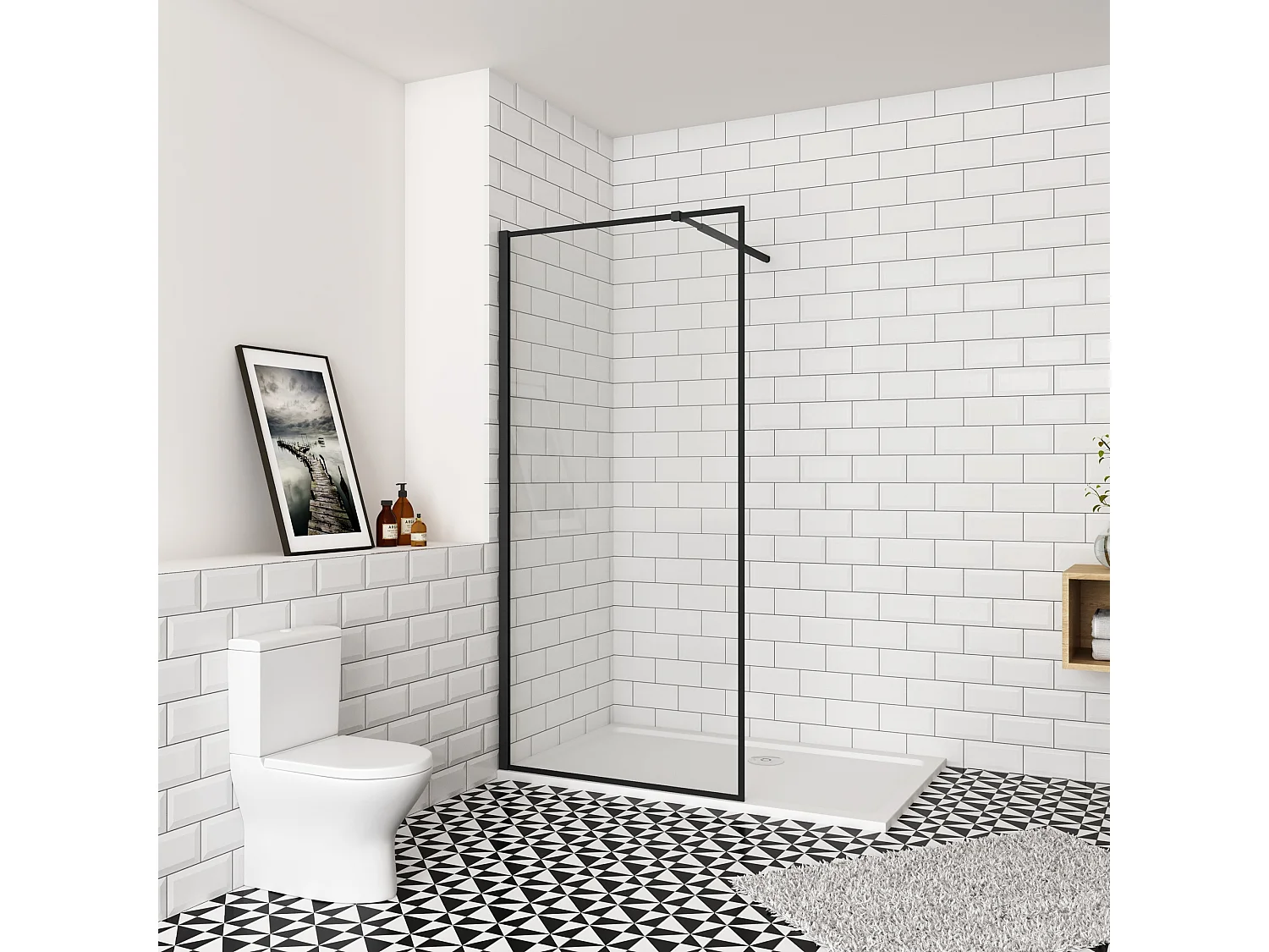 80x195cm inloopdouche-douchecabine,8mm mat zwart kader en raste glas,makkelijk schoon te maken,antikalk,stabilisatiestang 73-120cm (verstelbaar),mat zwart profiel.