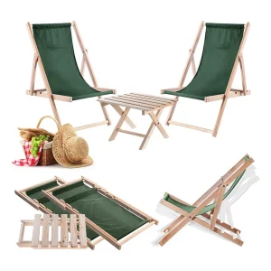 Anjouin natuurlijke ligstoel salontafelset + 2 flessengroene ligstoelen
