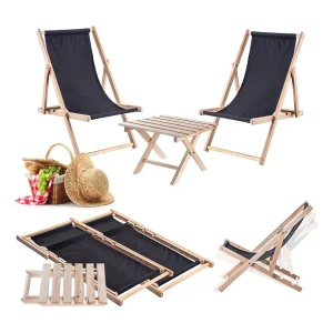 Anjouin natuurlijke ligstoel salontafelset + 2 zwarte houten ligstoelen