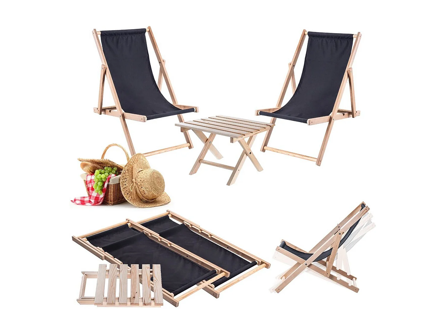 Anjouin natuurlijke ligstoel salontafelset + 2 zwarte houten ligstoelen