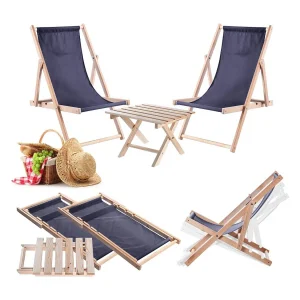 Anjouin natuurlijke salontafelset met ligstoelen + 2 marineblauwe houten ligstoelen Anjouin natuurlijke salontafelset met ligstoelen + 2 marineblauwe houten ligstoelen