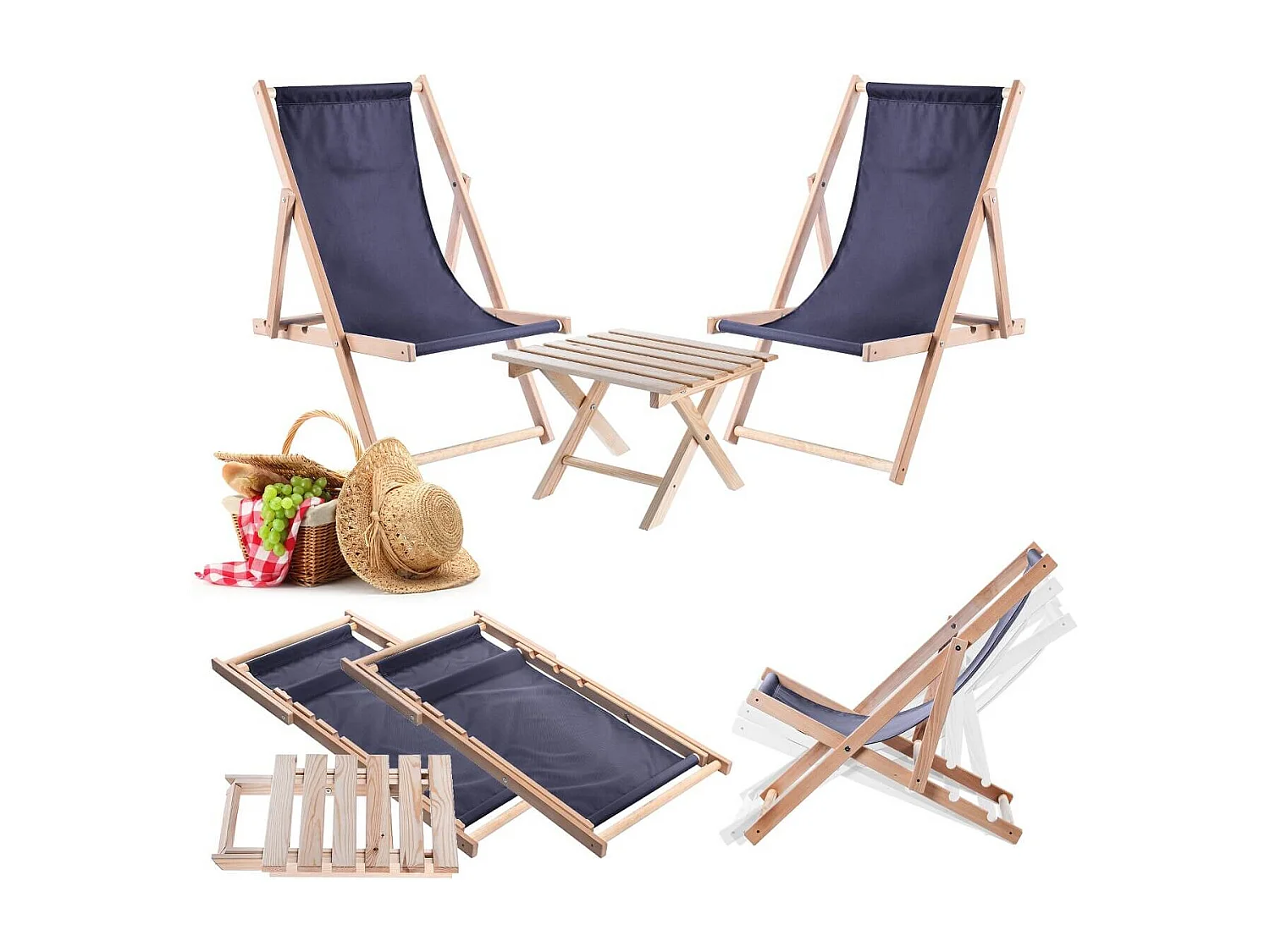 Anjouin natuurlijke salontafelset met ligstoelen + 2 marineblauwe houten ligstoelen