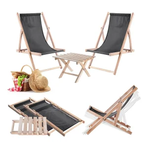 Anjouin natuurlijke lounger salontafelset + 2 donkere grafiet ligstoelen Anjouin natuurlijke lounger salontafelset + 2 donkere grafiet ligstoelen