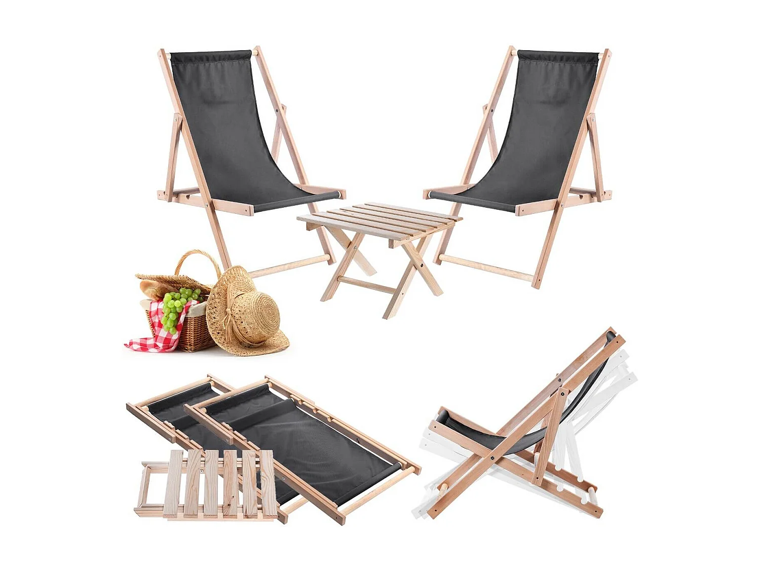 Anjouin natuurlijke lounger salontafelset + 2 donkere grafiet ligstoelen