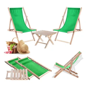 Anjouin natuurlijke ligstoel salontafelset + 2 groene houten ligstoelen