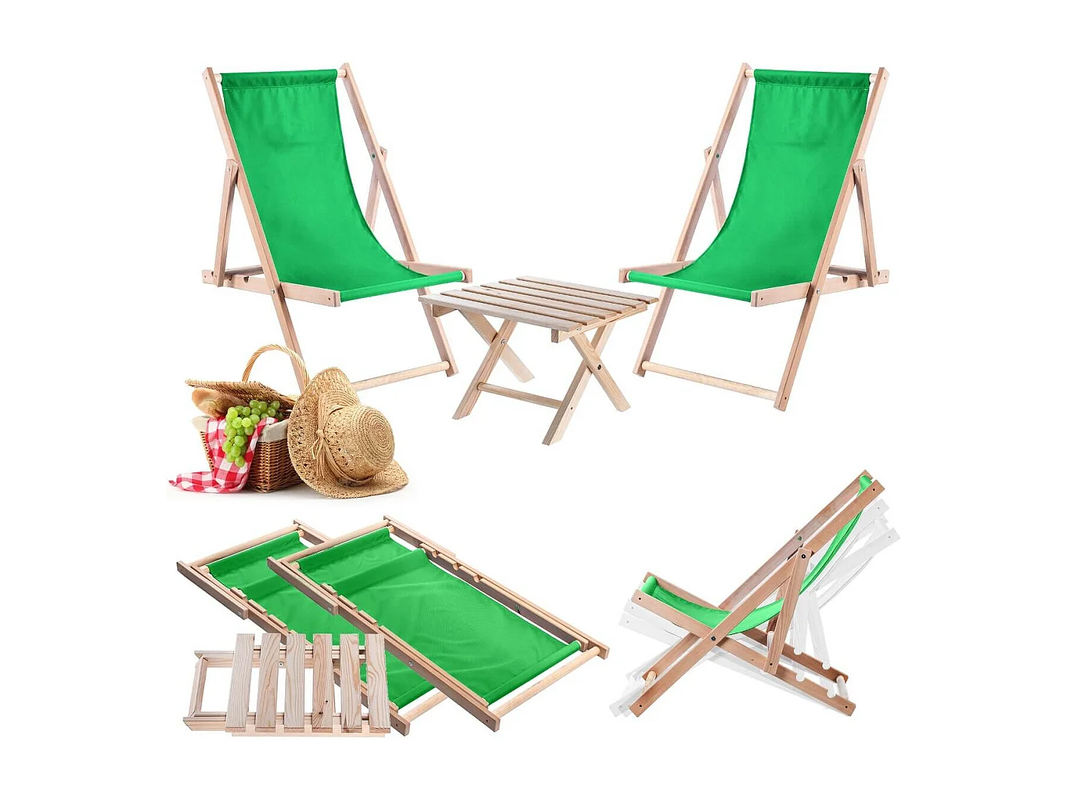 Anjouin natuurlijke ligstoel salontafelset + 2 groene houten ligstoelen