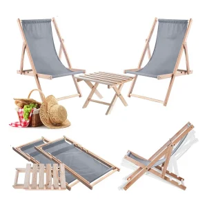 Anjouin natuurlijke ligstoel salontafelset + 2 grijze houten ligstoelen