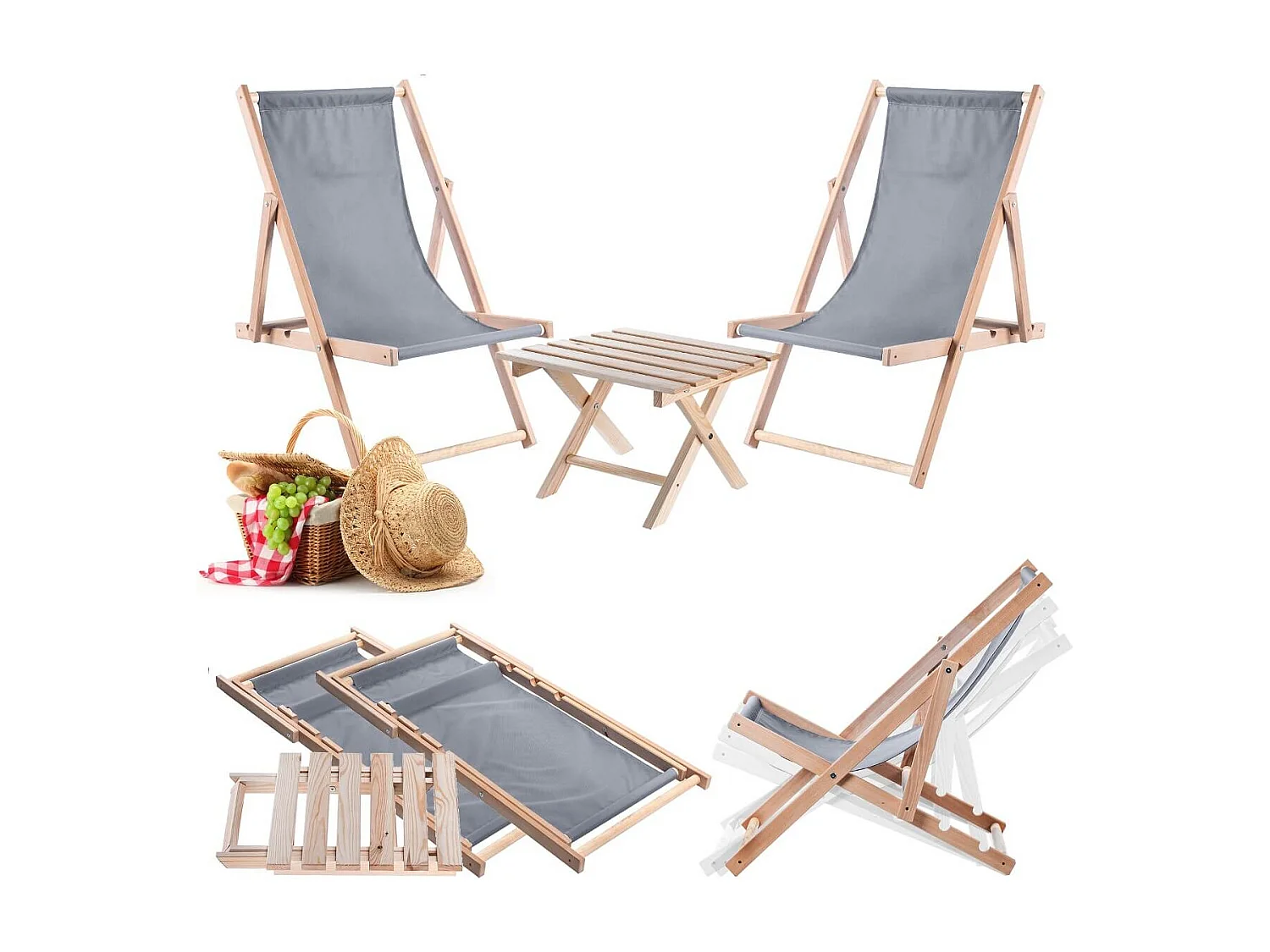 Anjouin natuurlijke ligstoel salontafelset + 2 grijze houten ligstoelen