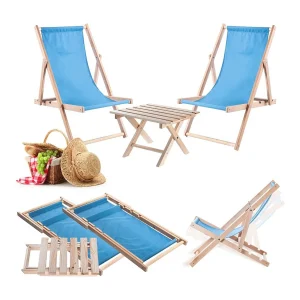 Anjouin natuurlijke ligstoel salontafelset + 2 blauwe houten ligstoelen
