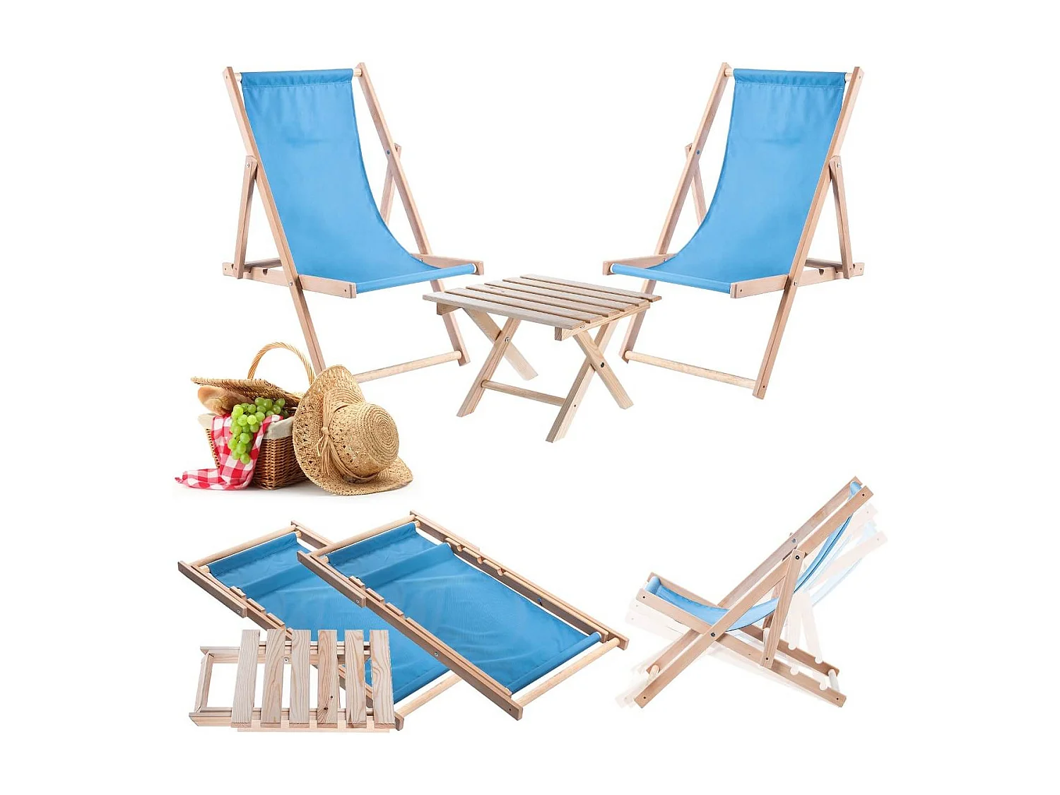 Anjouin natuurlijke ligstoel salontafelset + 2 blauwe houten ligstoelen