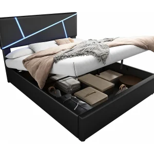 90x200cm borstbed, synthetisch leer, met reepjes LED -licht, latframe, zwart 90x200cm borstbed, synthetisch leer, met reepjes LED -licht, latframe, zwart