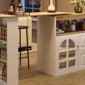 360° draaibaar en inklapbaar barkastje – met 2 lades en 1 deur – open planken – wit + natuurlijk
