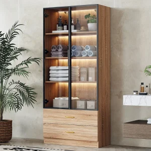 Badkamermeubel met 2 glazen deuren en 2 lades, inclusief LED, lichte natuurlijke body – 75×34,5x170cm Badkamermeubel met 2 glazen deuren en 2 lades, inclusief LED, lichte natuurlijke body – 75×34,5x170cm
