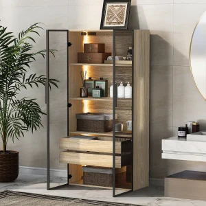 Badkamermeubel met 2 glazen deuren en 2 verborgen lades, inclusief LED, lichte natuurlijke MDF-behuizing – 74x36x155cm Badkamermeubel met 2 glazen deuren en 2 verborgen lades, inclusief LED, lichte natuurlijke MDF-behuizing – 74x36x155cm
