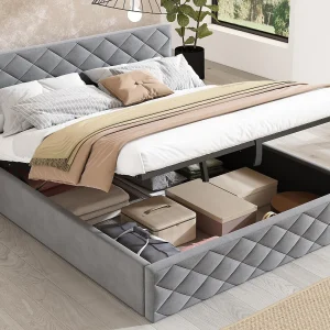 140x200cm fluwelen opbergbed – met lattenbodem – Grijs 140x200cm fluwelen opbergbed – met lattenbodem – Grijs