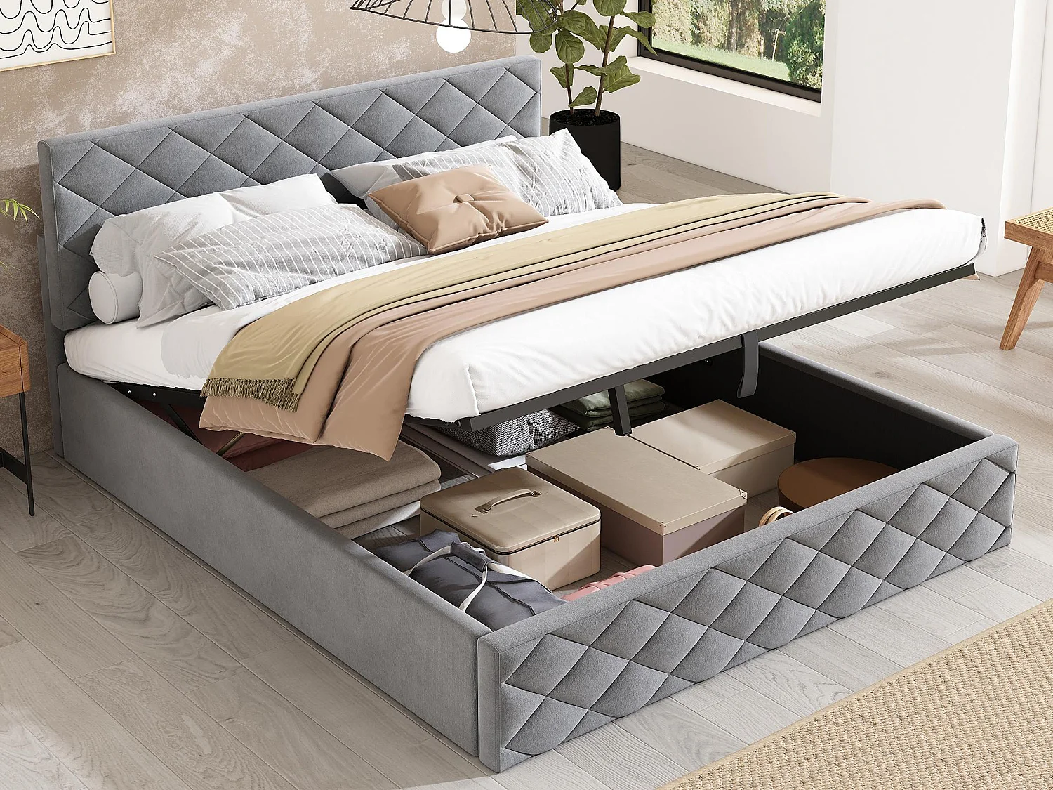 140x200cm fluwelen opbergbed – met lattenbodem – Grijs