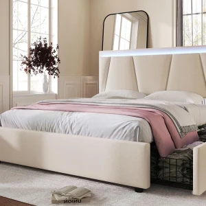 Gestoffeerd bed 140x200cm in linnen – met 2 lades + LED + lattenbodem – Beige Gestoffeerd bed 140x200cm in linnen – met 2 lades + LED + lattenbodem – Beige