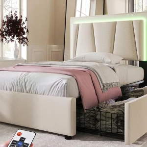 Gestoffeerd bed 90x200cm in linnen – met 2 lades + LED + lattenbodem – Beige