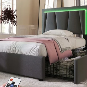 Gestoffeerd bed 90x200cm in linnen – met 2 lades + LED + lattenbodem – Grijs