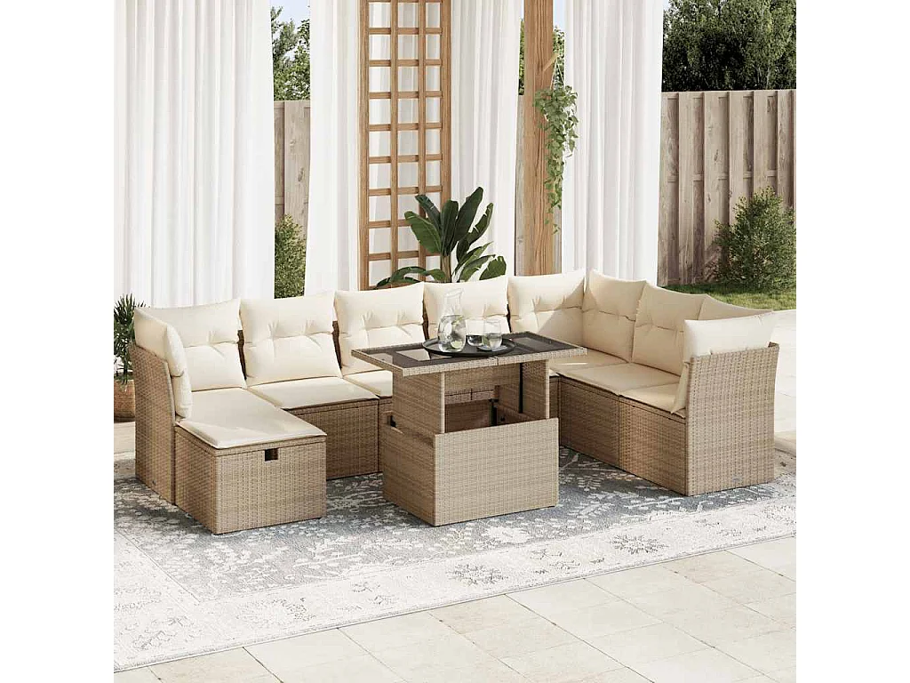 9-delige Loungeset met kussens poly rattan beige