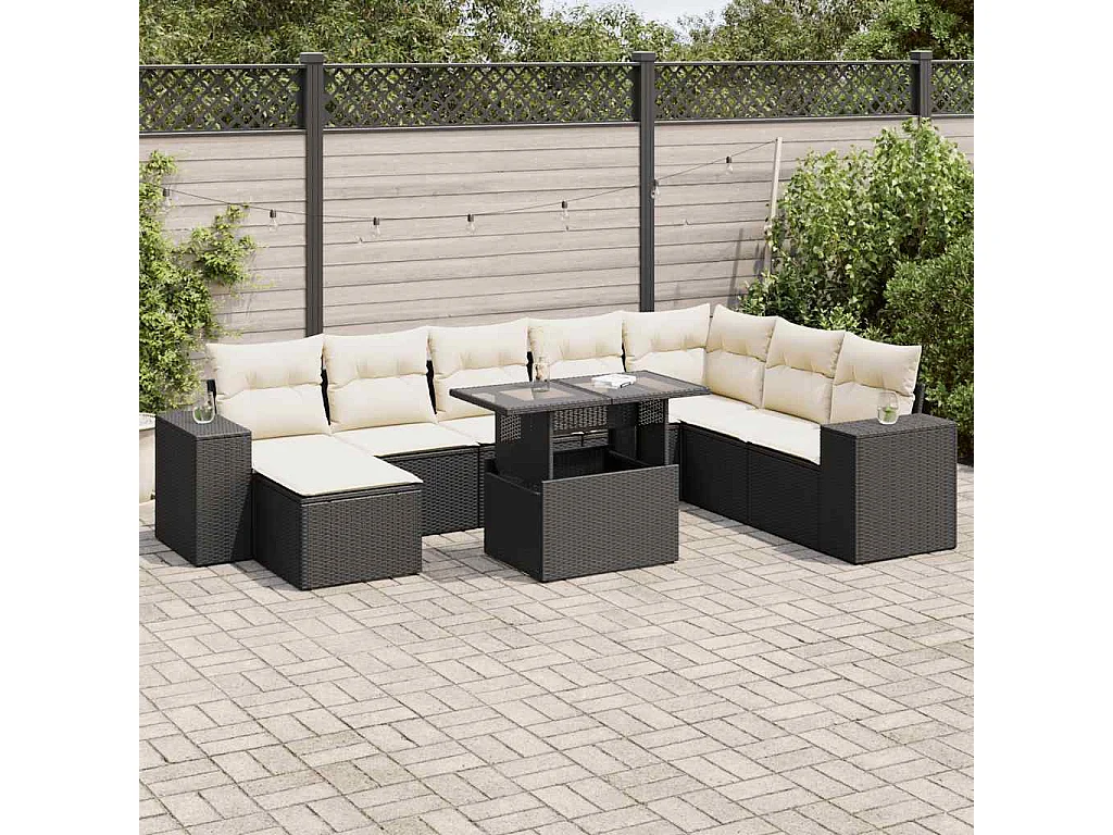 9-delige Loungeset met kussens poly rattan zwart