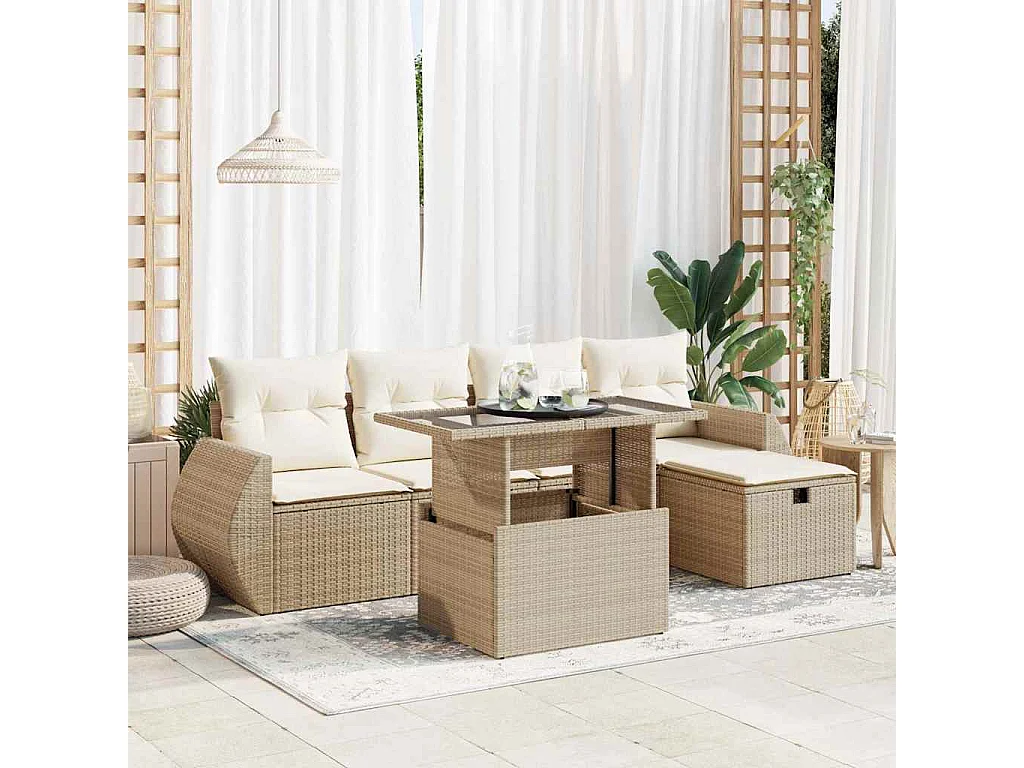 6-delige Loungeset met kussens poly rattan beige