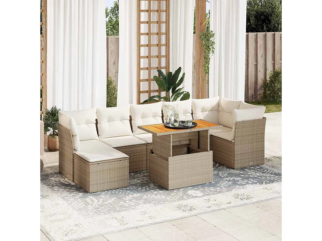 8-delige Loungeset met kussens poly rattan beige