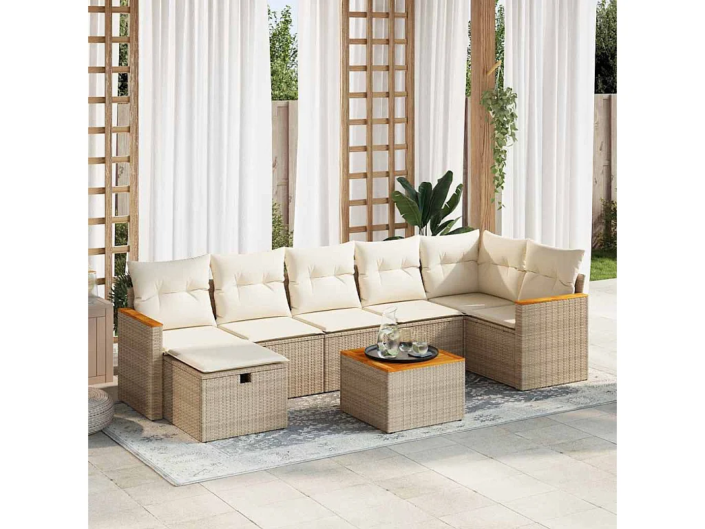 8-delige Loungeset met kussens poly rattan beige