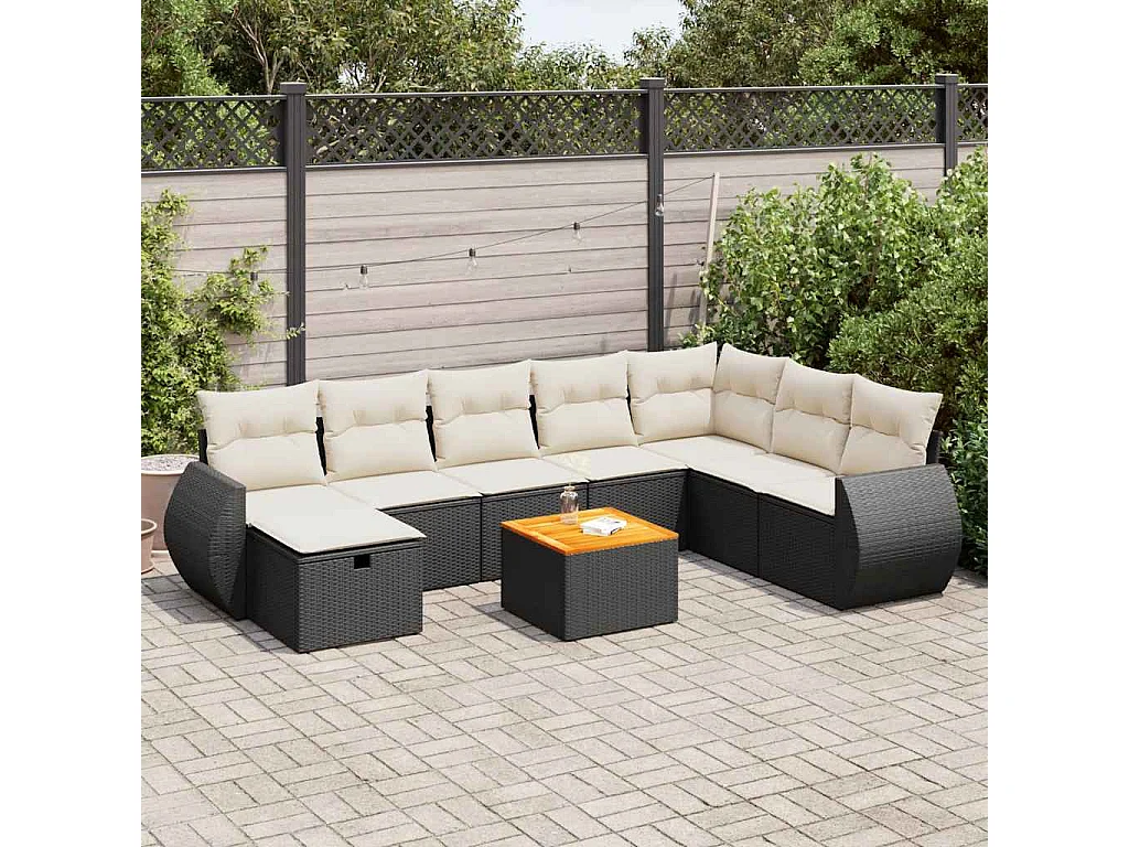 9-delige Loungeset met kussens poly rattan zwart