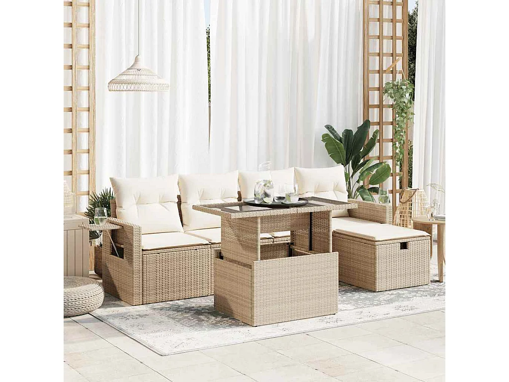 6-delige Loungeset met kussens poly rattan beige