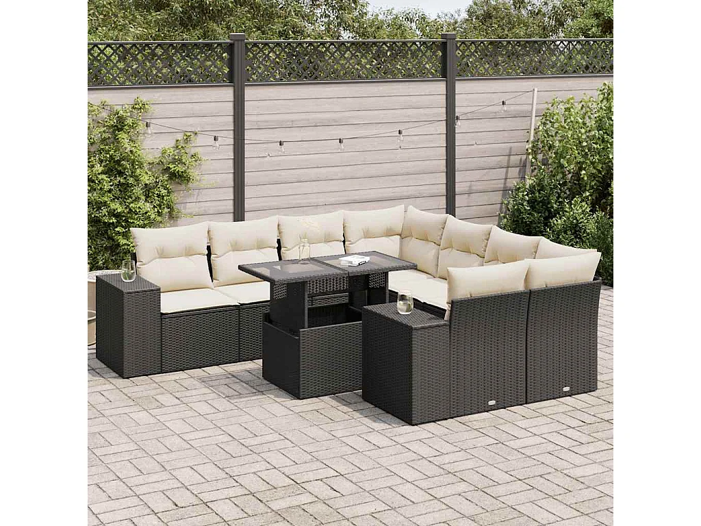9-delige Loungeset met kussens poly rattan zwart