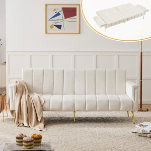 2-zits rechte slaapbank in beige fluweel, neerklapbare rugleuning en armleuningen – 183x76x75cm 2-zits rechte slaapbank in beige fluweel, neerklapbare rugleuning en armleuningen – 183x76x75cm