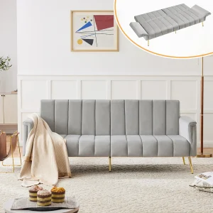 2-zits rechte slaapbank in lichtgrijs fluweel, neerklapbare rugleuning en armleuningen – 183x76x75cm 2-zits rechte slaapbank in lichtgrijs fluweel, neerklapbare rugleuning en armleuningen – 183x76x75cm