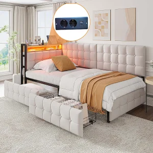 90 x 200 Kinderbedbank met 2 lades en led-nachtlampje, USB- en C-type poorten, beige 90 x 200 Kinderbedbank met 2 lades en led-nachtlampje, USB- en C-type poorten, beige
