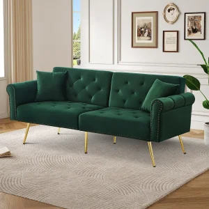 2-zits rechte slaapbank in groen fluweel, 3-positie neerklapbare rugleuning – 173x75x70cm 2-zits rechte slaapbank in groen fluweel, 3-positie neerklapbare rugleuning – 173x75x70cm