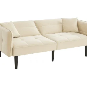 2-zits rechte slaapbank in beige fluweel met zwarte houten poten, neerklapbare rugleuning – 176x78x76cm 2-zits rechte slaapbank in beige fluweel met zwarte houten poten, neerklapbare rugleuning – 176x78x76cm