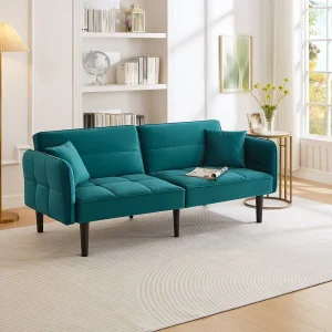2-zits rechte slaapbank in groen fluweel met zwarte houten poten, neerklapbare rugleuning – 176x78x76cm 2-zits rechte slaapbank in groen fluweel met zwarte houten poten, neerklapbare rugleuning – 176x78x76cm