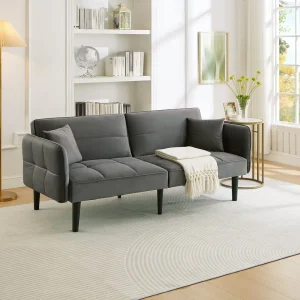 2-zits rechte slaapbank in grijs fluweel met zwarte houten poten, neerklapbare rugleuning – 176x78x76cm 2-zits rechte slaapbank in grijs fluweel met zwarte houten poten, neerklapbare rugleuning – 176x78x76cm